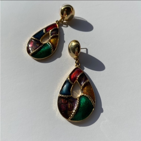 Gold-toned Teardrop Muli-colored Dangle Statement Earrings - Picture 7 of 9